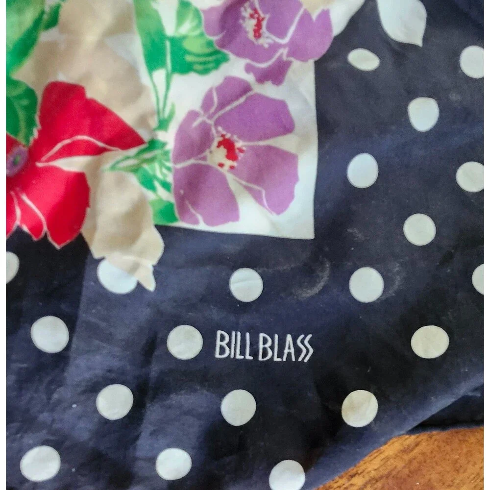 Bill Blass Vintage Women's Square Scarf Polka Dot Floral Black Red Purple Green